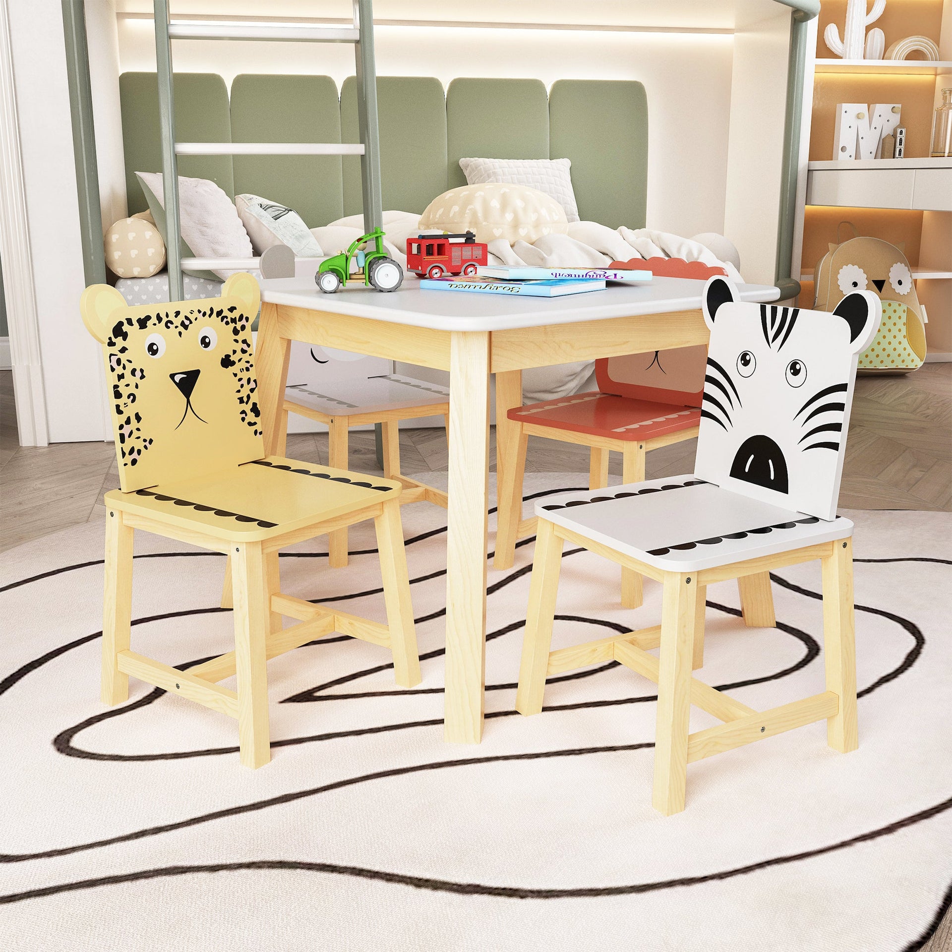 5 Piece Kiddy Table and Chair Set  Kids Wood Table with 4 Chairs Set Cartoon Animals (bigger table) (3-8 years old)