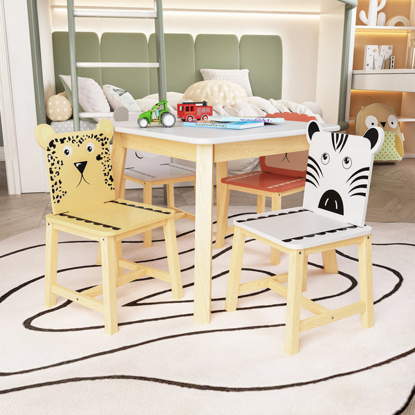 5 Piece Kiddy Table and Chair Set  Kids Wood Table with 4 Chairs Set Cartoon Animals (bigger table) (3-8 years old)