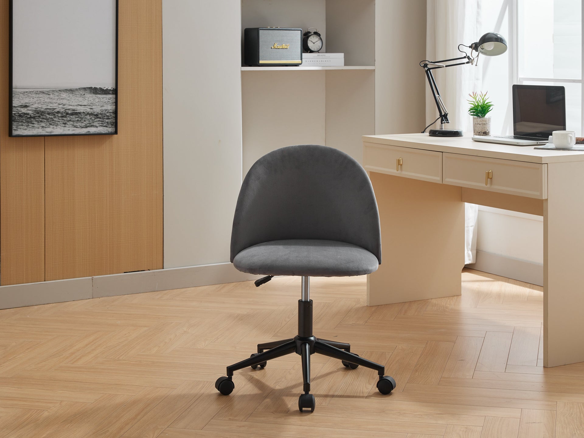 Velvet fabric office chair, mid back adjustable rotating computer chair, black legs, cushioned office chair with wheels
