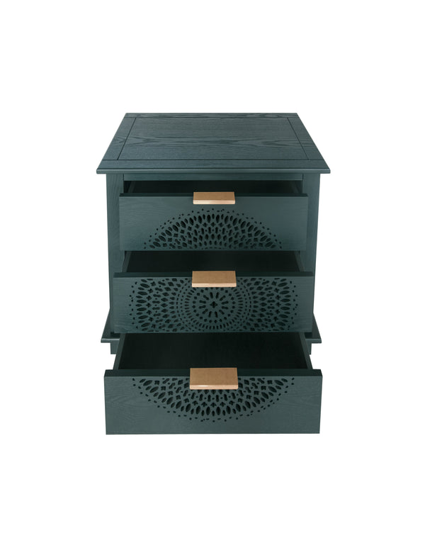 Hollow-Carved 3 Drawer Dresser Storage Chest with Metal Handles For Living Room Bedroom