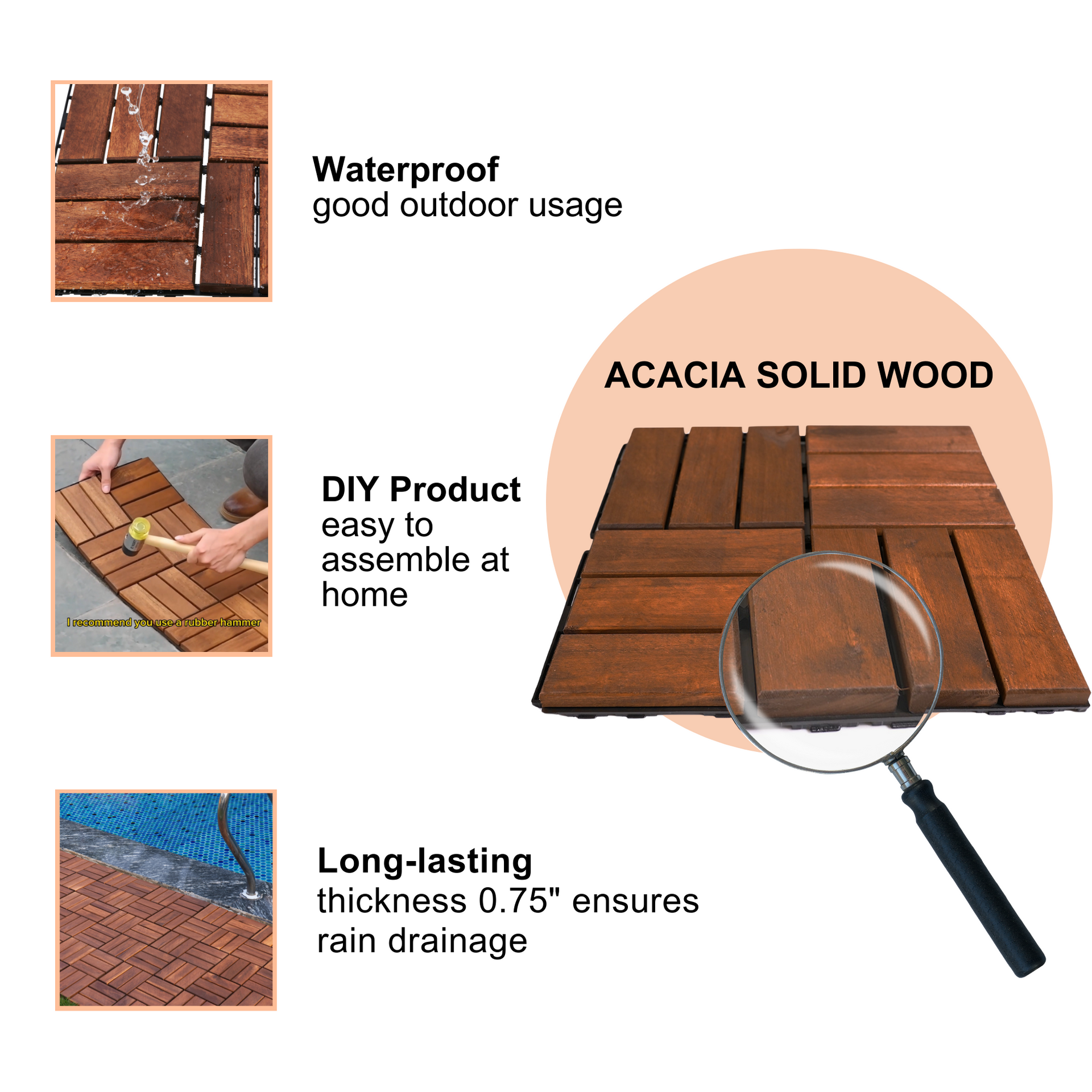 Acacia interlocking deck tile grid pattern, 10 pieces of 12 inch x 12 inch square brown Acacia hardwood outdoor flooring