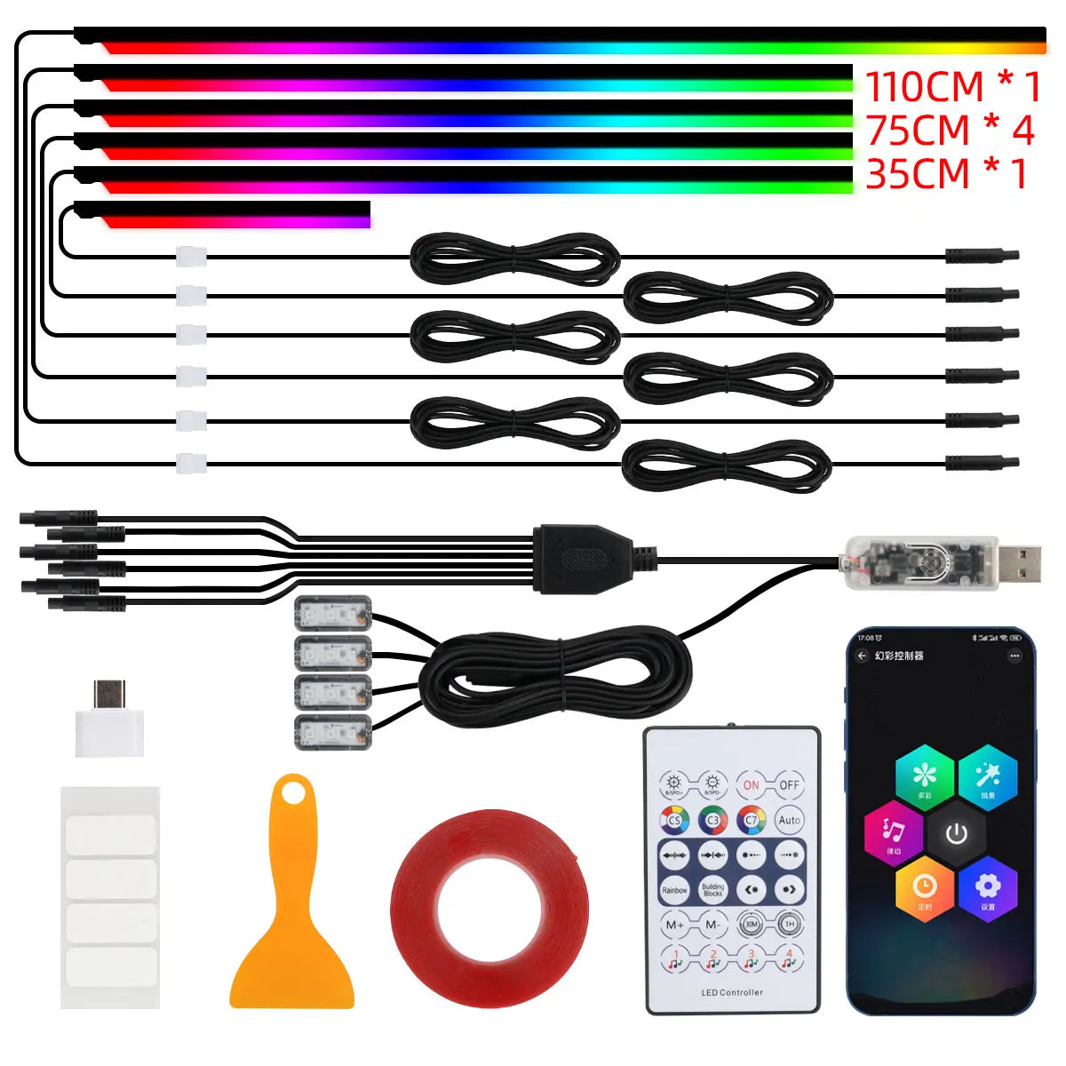 10 in 1 Car LED Acrylic Light Strip RGB Symphony Auto Interior Strip Lights Remote/APP Control Decorative Atmosphere Lamp