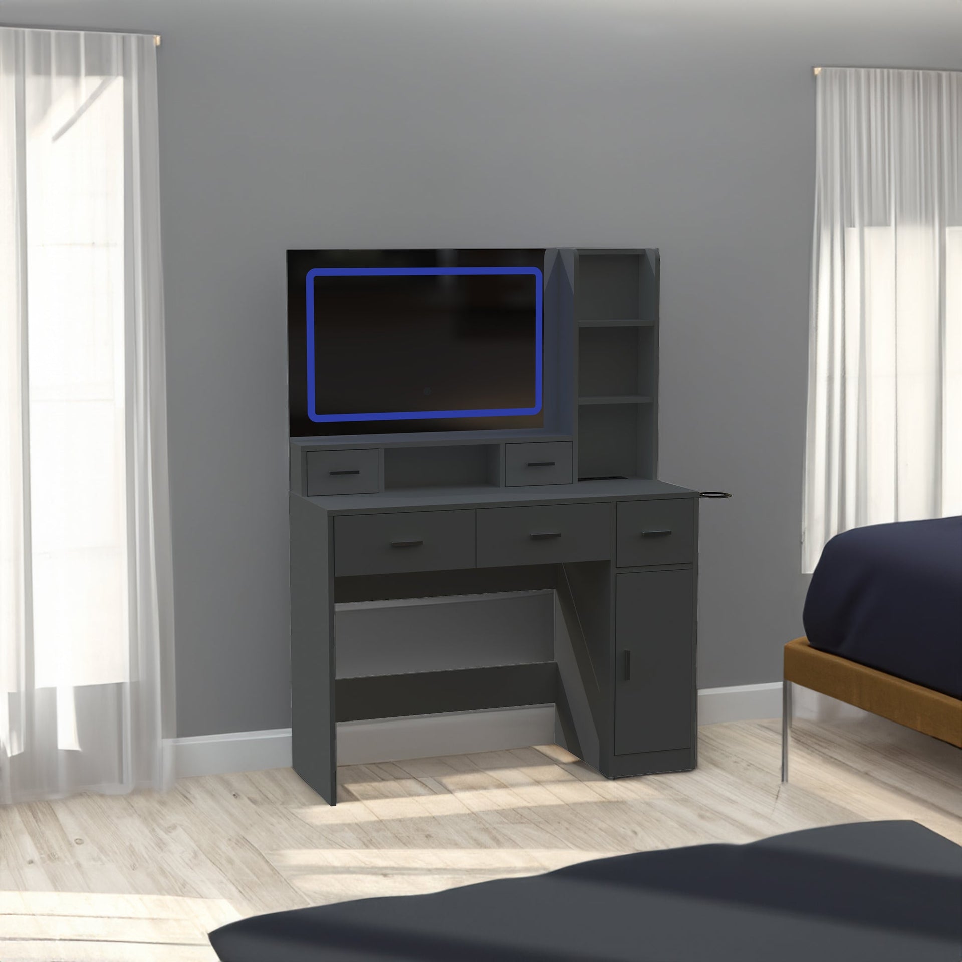 Smart mirror dressing table with drawers and storage cabinets