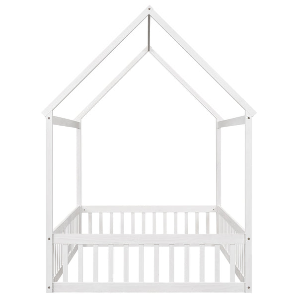 Full Size Wood House Bed with Fence and Door White Wash