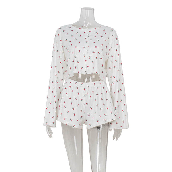 Printed round neck long sleeved cardigan with exposed waist top loose casual shorts set for women