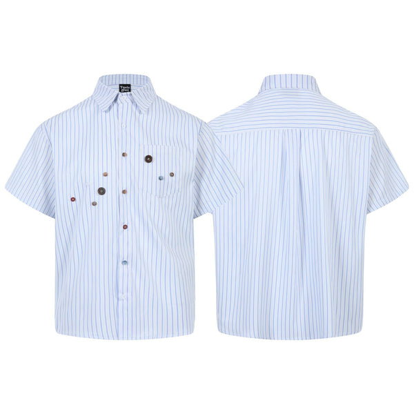 Vertical striped button decoration short sleeved shirt for men
