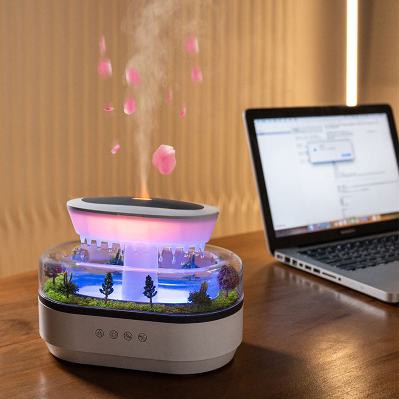 Raindrop - style aroma humidifier with lights, white noise, and essential oil diffusion for home.