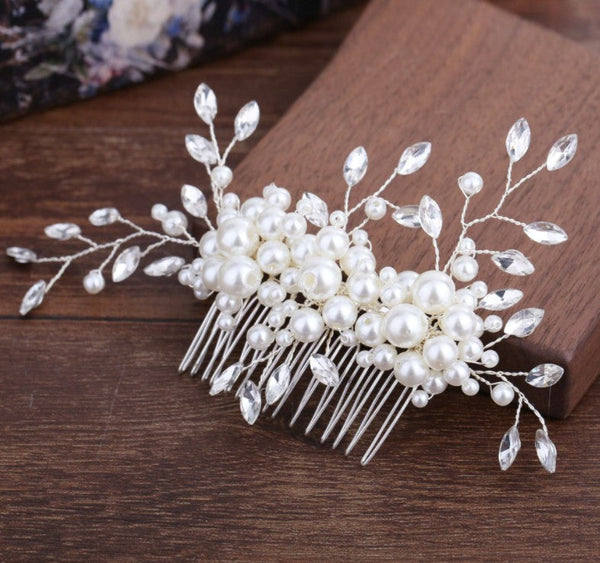 Handmade pearl flower inlaid with diamonds full of diamond comb comb