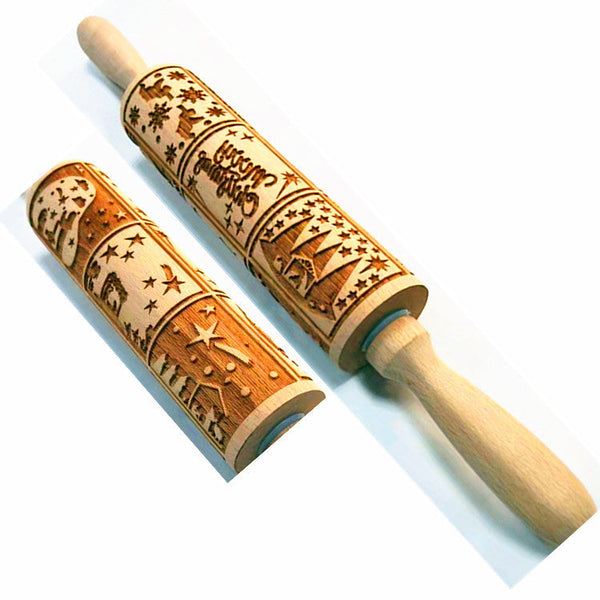 Wooden Rolling Pin Beechwood Laser Engraved Printed Rolling Pin Embossing Christmas Flip Sugar Cookie Rolling Pin