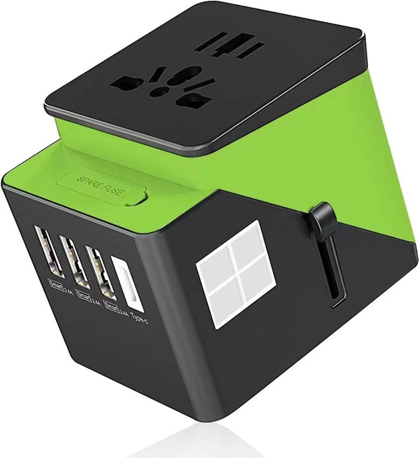 2019 , 3 USB + 1 Typc C International Power Adapter for Europe, UK, China, Australia, Japan and More 200 Countries Black Green