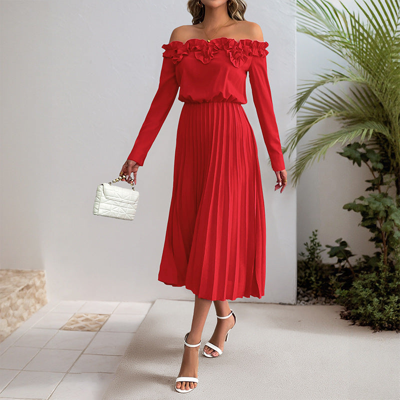 One-Shoulder Long Sleeve Solid Color Women's Dress