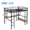 Full Size Loft Metal&MDF Bed with Long Desk and Shelves Black