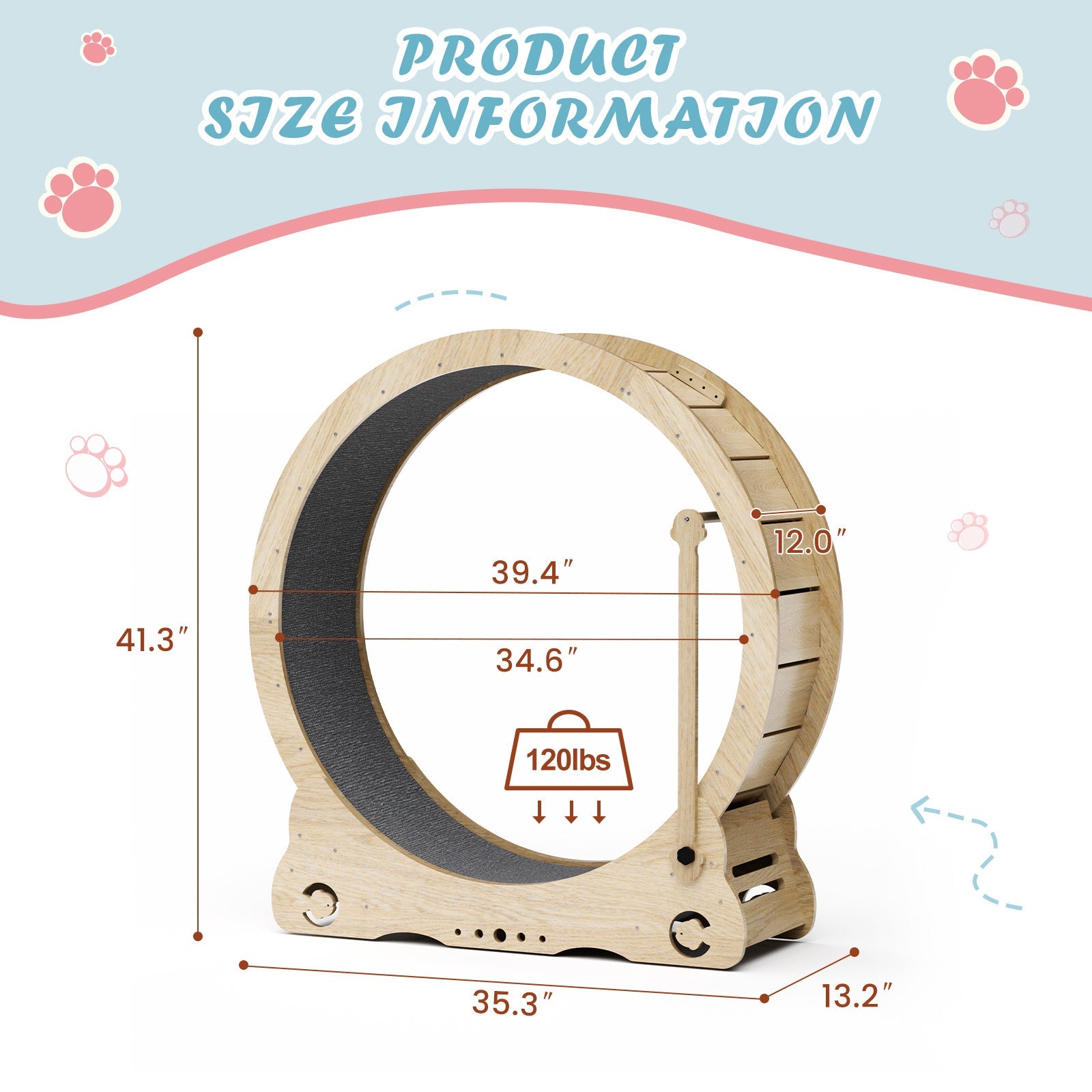Indoor cat treadmill with carpet, tear device and latch natural wood, 39.4 inches long x 13.2 inches wide x 41.3 inches high