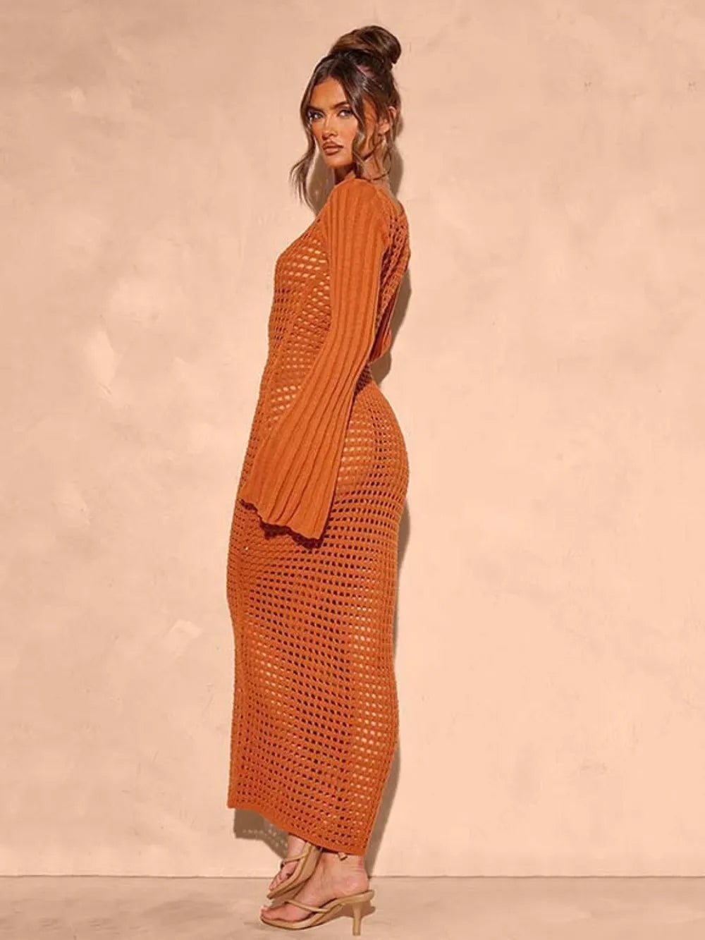 Openwork Square Neck Flare Sleeve Cover-Up Dress