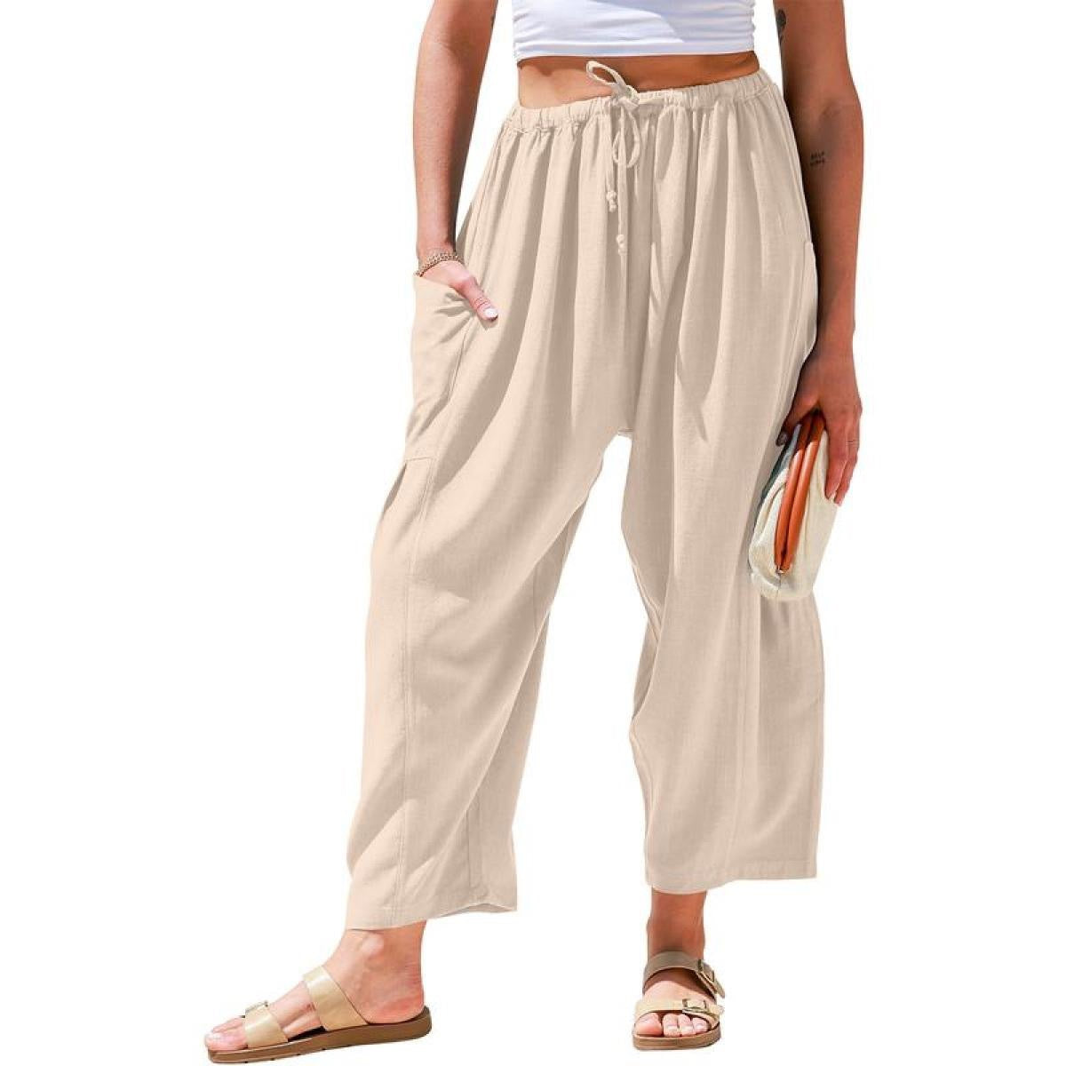 European and American women's elastic waisted pleated high waisted wide leg loose Haren cotton linen pants