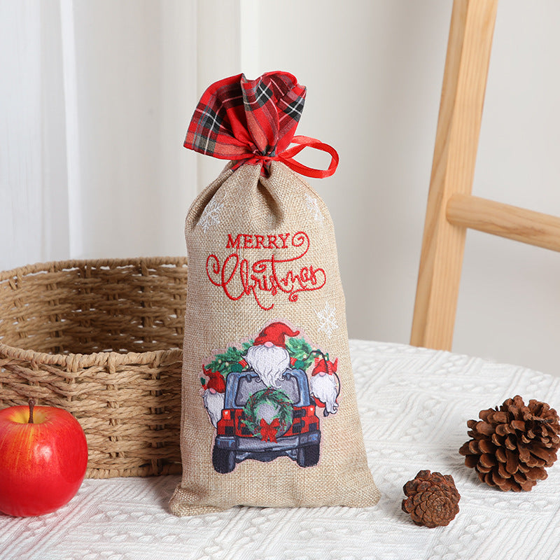 Christmas gift bag, letter printed Santa Claus home decoration, plaid linen red wine set