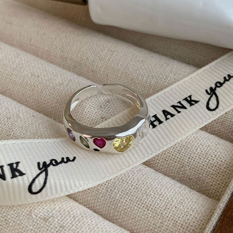 Dopamine love colored zircon diamond ring female niche index finger high-end fashion personality open ring