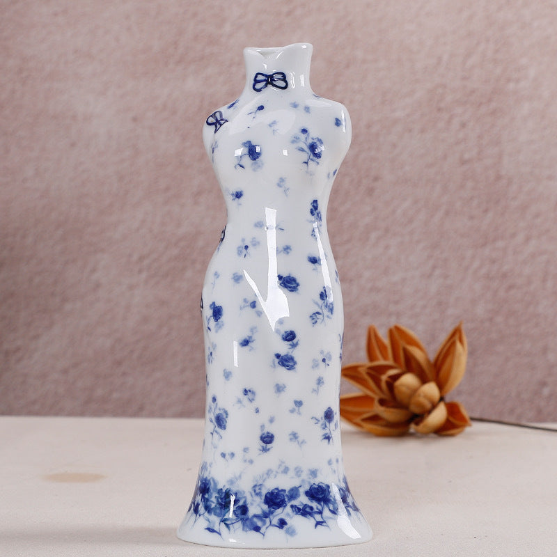Ceramic ornaments blue and white porcelain mini vases cheongsam flower arrangements living room home decorations