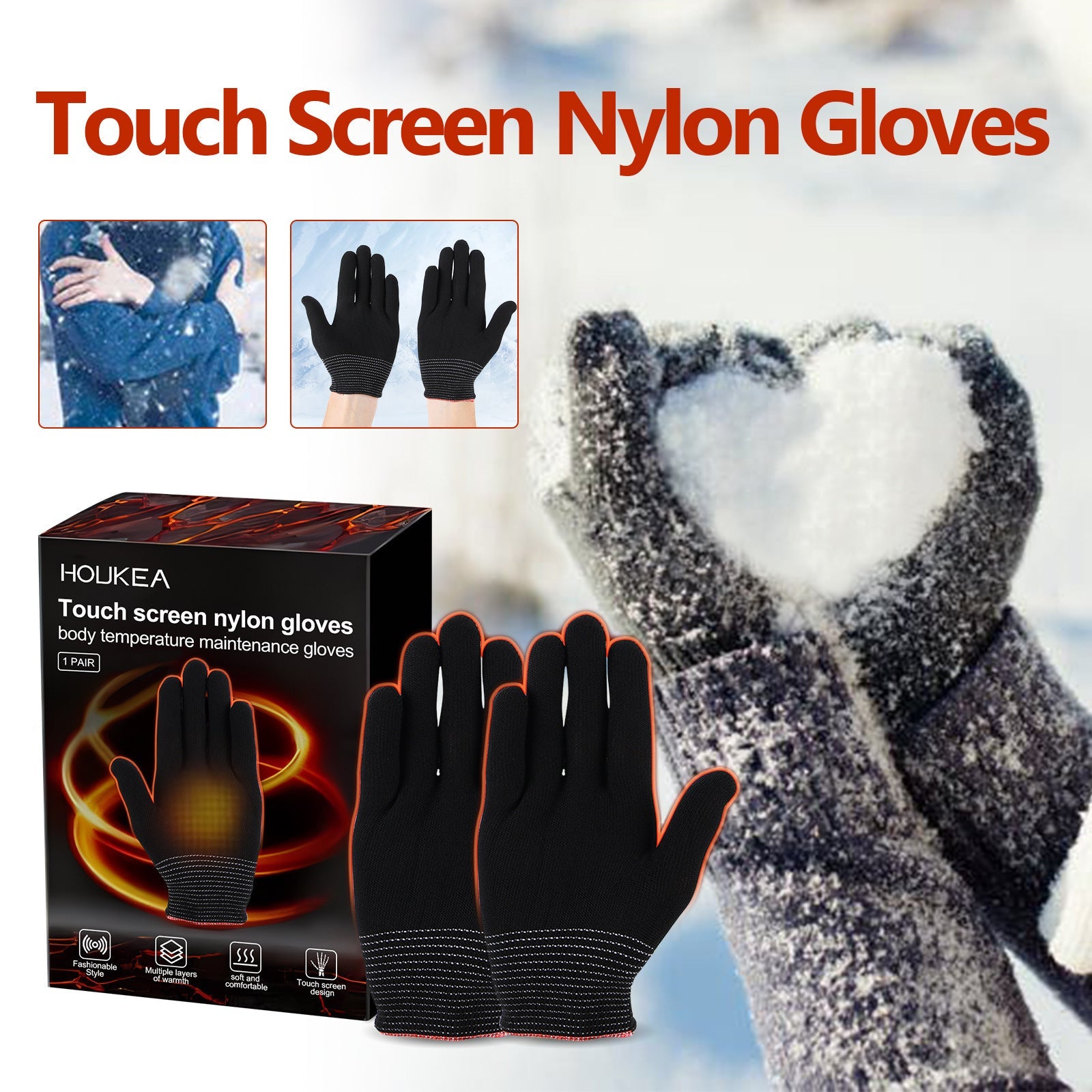Nylon Gloves, Winter Outdoor Sports Skiing Cold Hand Care Massage Heat Warm Gloves