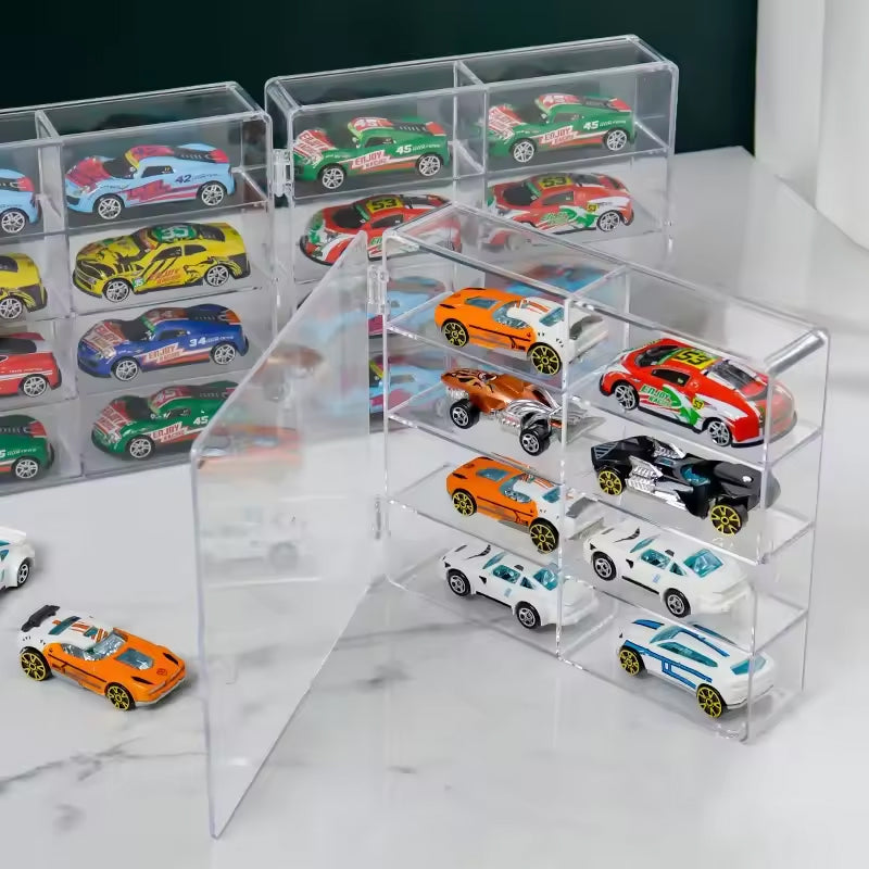 1:64 Acrylic Car Display Box – 8-grid, dustproof, stackable, transparent. Fits Hot Wheels.