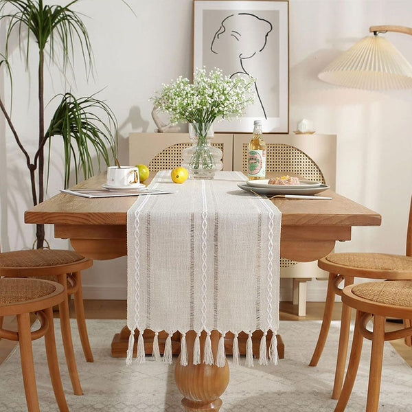 Hand - woven cotton and linen table flag with hollow tassels, suitable for household and rural dining tables