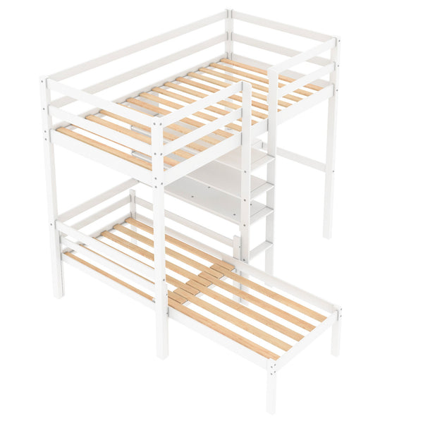 Convertible Loft Bed with L-Shape Desk, Twin Bunk Bed with Shelves and Ladder White