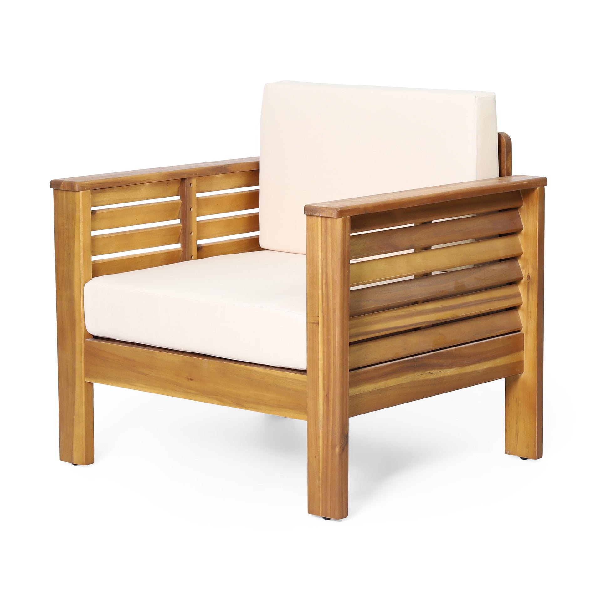 ( Set of 2) Outdoor Acacia Wood Club Chairs with Cushions, Teak+Beige, 27.75