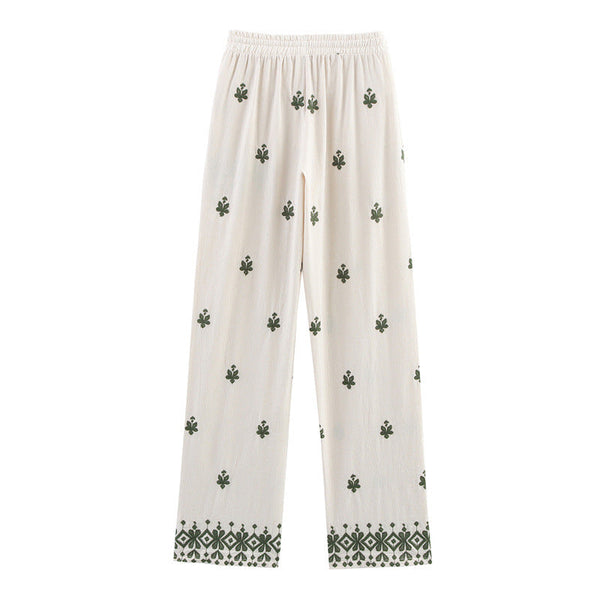 Elastic Waist Tied Embroidered Wide Leg Pants for WomenStyle Fashion Casual