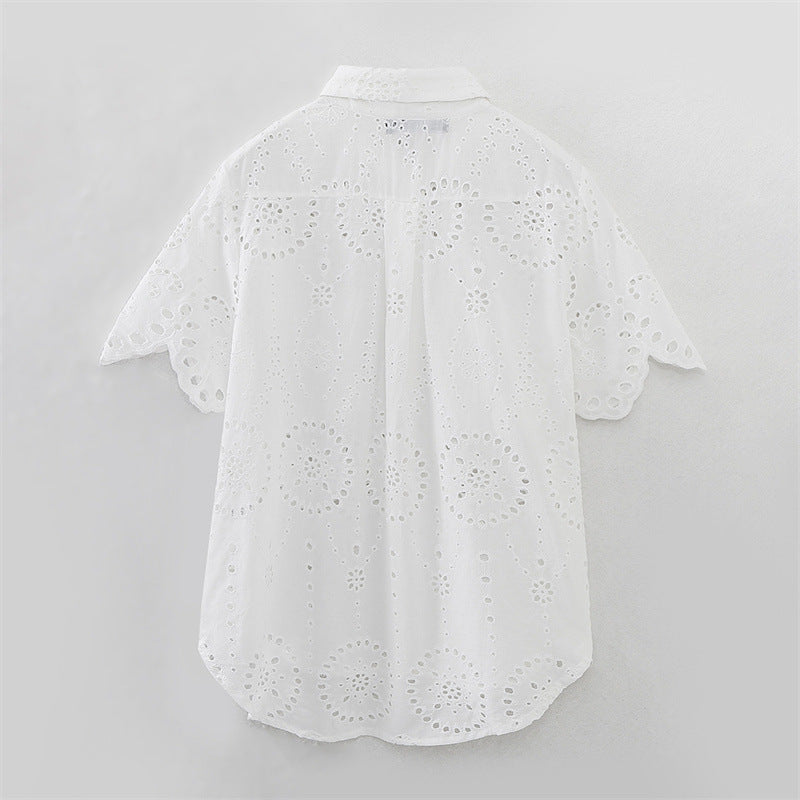 Summer NewStyle Women's Fashion Casual Short Sleeve Hollow Embroidered Shirt Shorts
