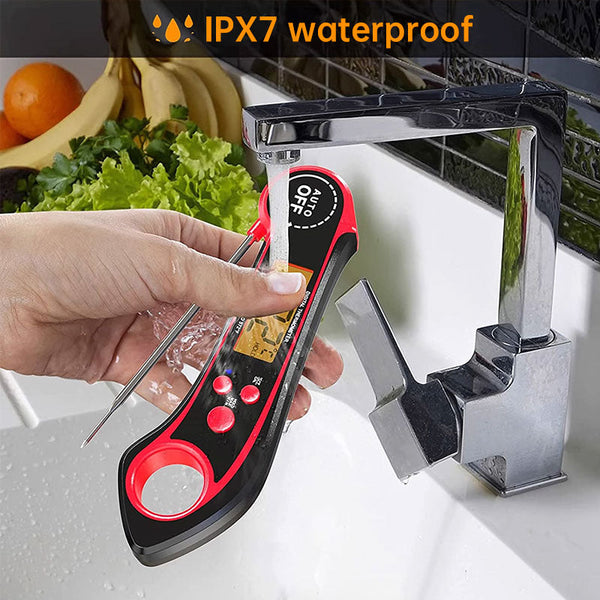 Foldable IP7 digital thermometer with dual probes: for cooking, BBQ, meat, grilling, food kitchen tools.