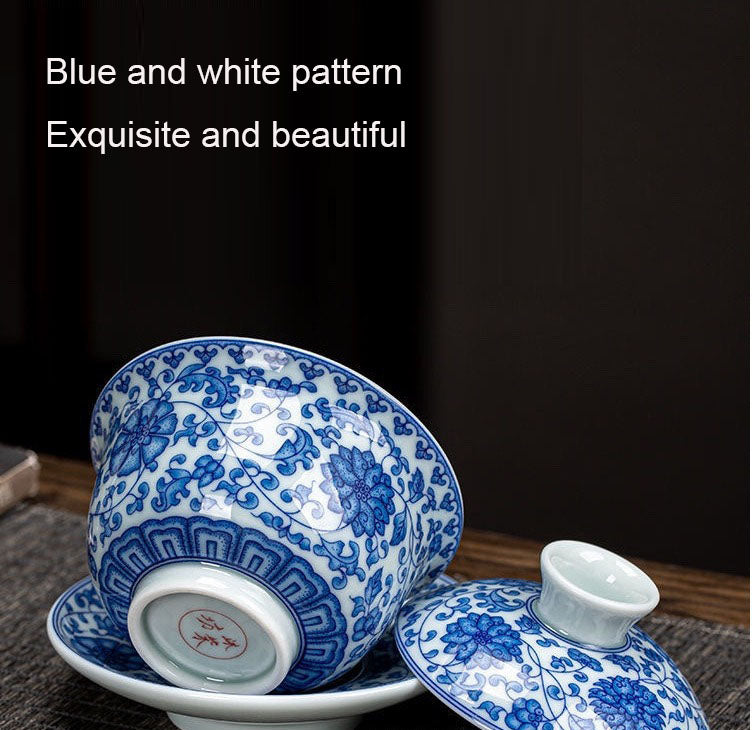 Ceramic set, three talents, covered bowl, old clay, retro kung fu tea set, tea bowl, underglaze tiger cup, Jingdezhen