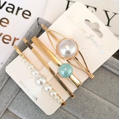 4PCS Korea Fashion Metal Hairpins Imitiation Pearl Colorful Beads Hair Clips for Women Irregular Geometric Hair Accessories