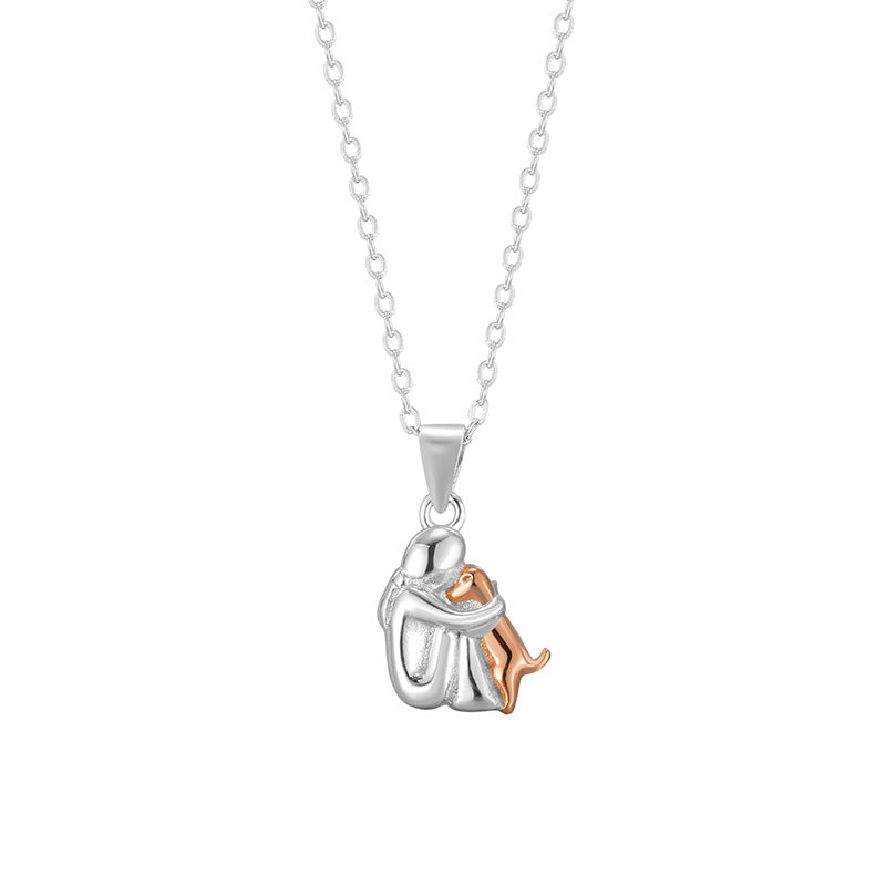 S925 sterling silver little girl and dog embrace necklace for women fashionable and simple contrasting color collarbone chain