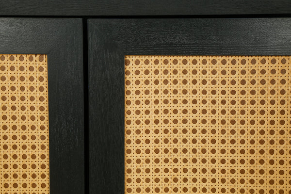 Handcrafted Premium Grain Panels Rattan Sideboard Buffer Cabinet Accent Storage Cabinet With 4 Rattan Doors BLACK