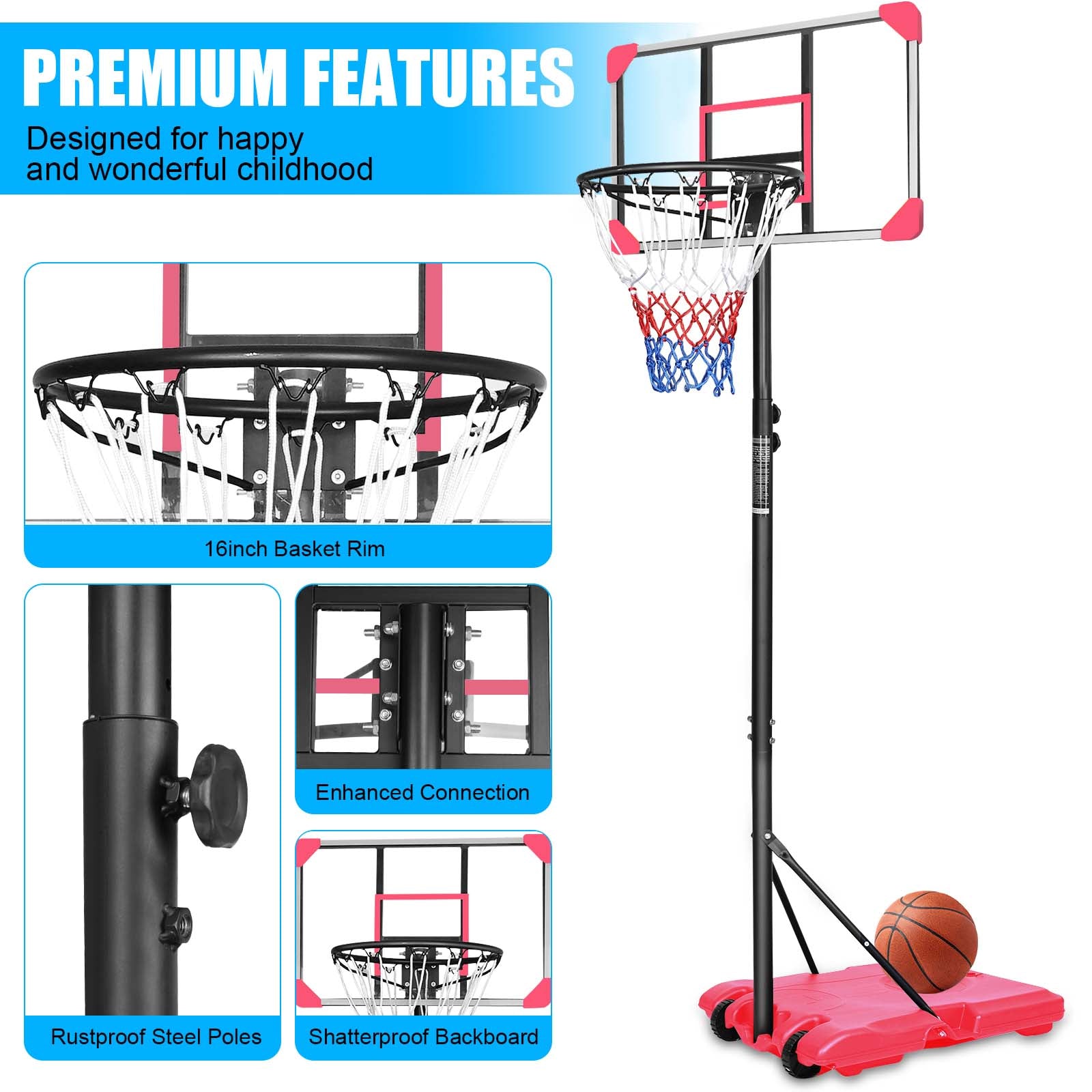 Portable Basketball Goal System with Stable Base and Wheels use for Indoor Outdoor teenagers youth