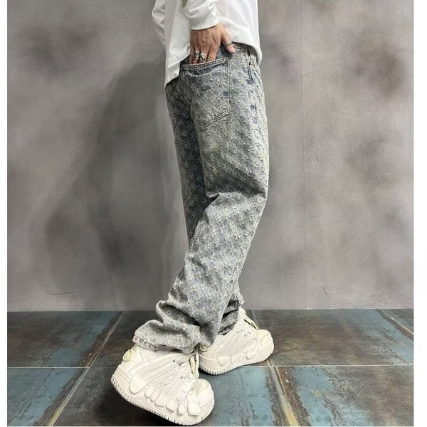 High Street Hip Hop Trousers, Trendy Brand Cool and Handsome Jacquard Full Print Jeans for Men, American Style Vibe Straight Leg Pants