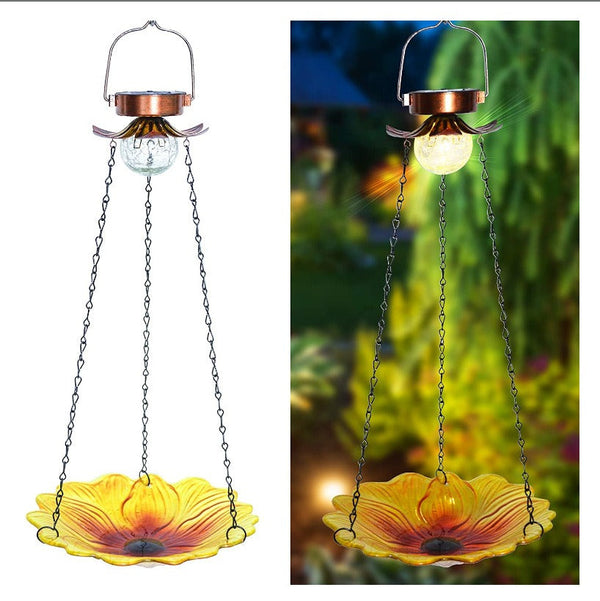 Solar Hanging Bird Bath for Outdoors 24 inch Glass Bird Feeder Sunflower Tray Crackle Ball Light Waterproof Yard Garden Decorati