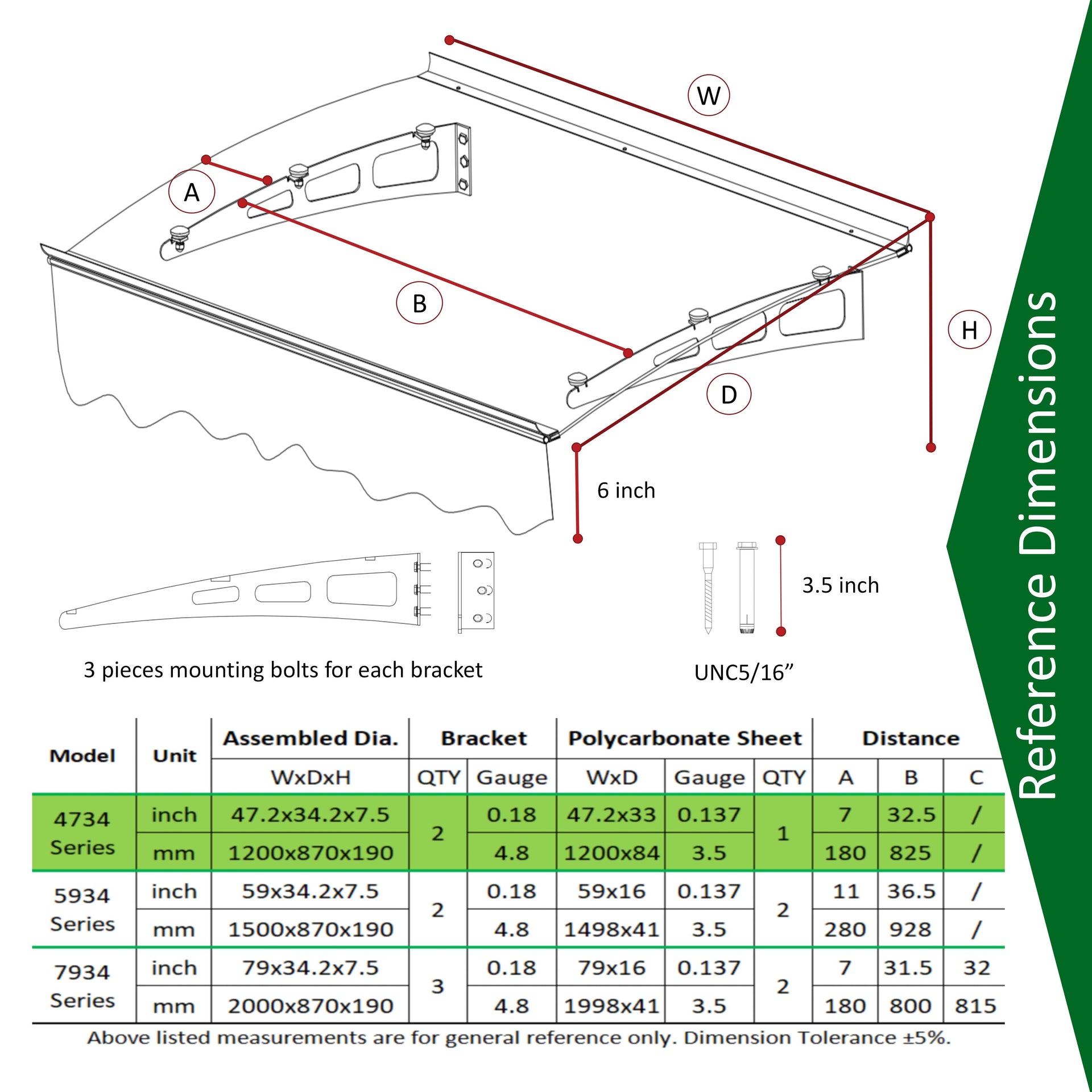 DA4734W Series Door Window Awning Made of 0.137 Inch Thick Crystal Polycarbonate Sheet in size of 47