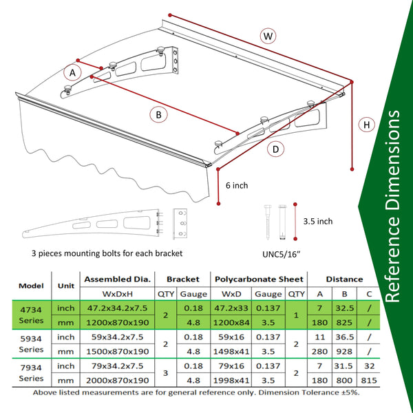 DA4734W Series Door Window Awning Made of 0.137 Inch Thick Crystal Polycarbonate Sheet in size of 47