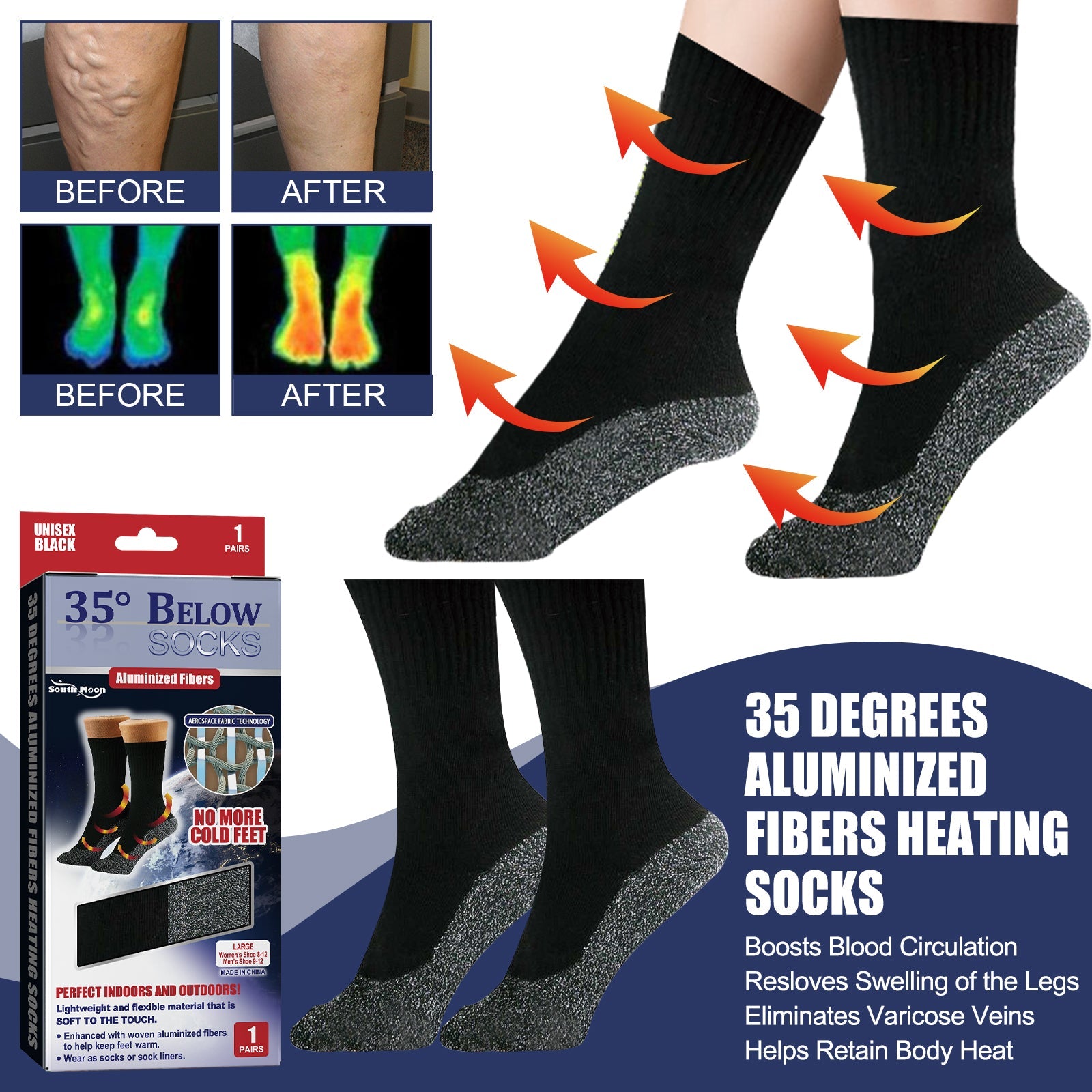 35 Degrees Aluminized Fibers Heating Socks, Relieve Vein Spontaneous Heat Constant Temperature Comfortable Warm Foot Cold Protection Socks
