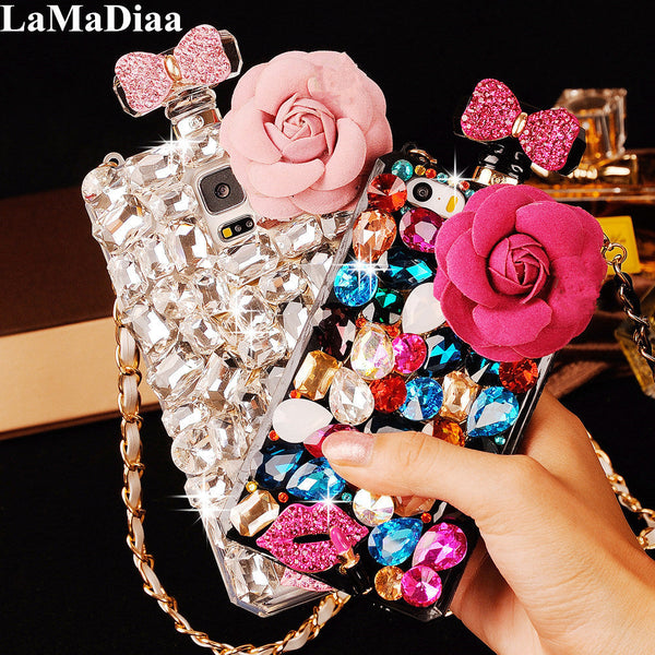 For iPhone 13 Pro Phone Cases Rhinestone 6 7 8 Plus Perfume Bottle Protective Cover Flower Lips Lanyard