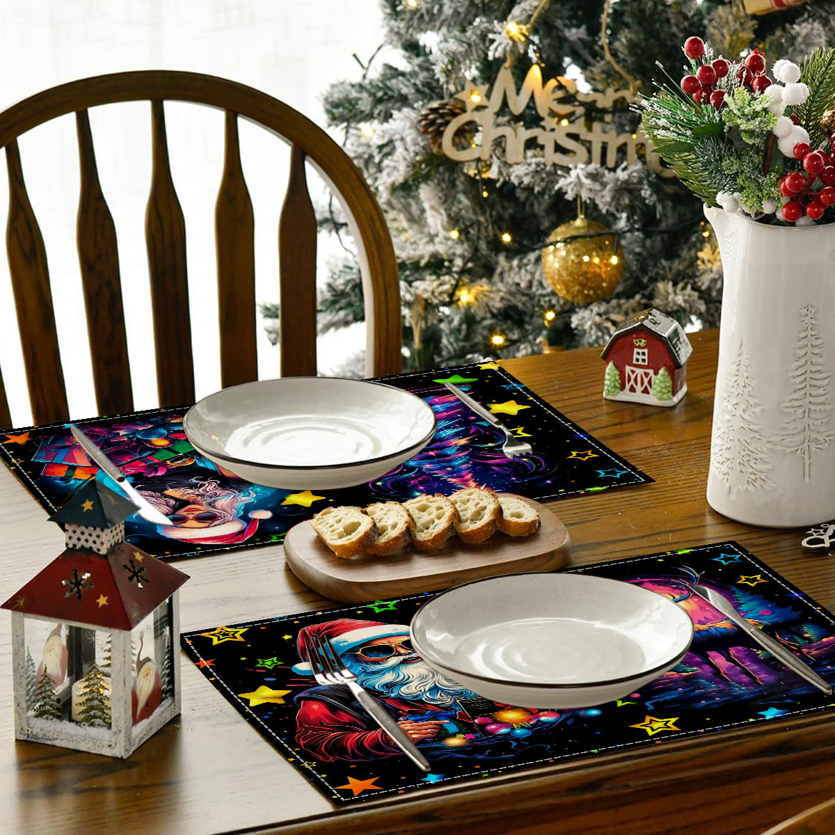 Christmas table mat with white linen starry sky and Santa Claus print