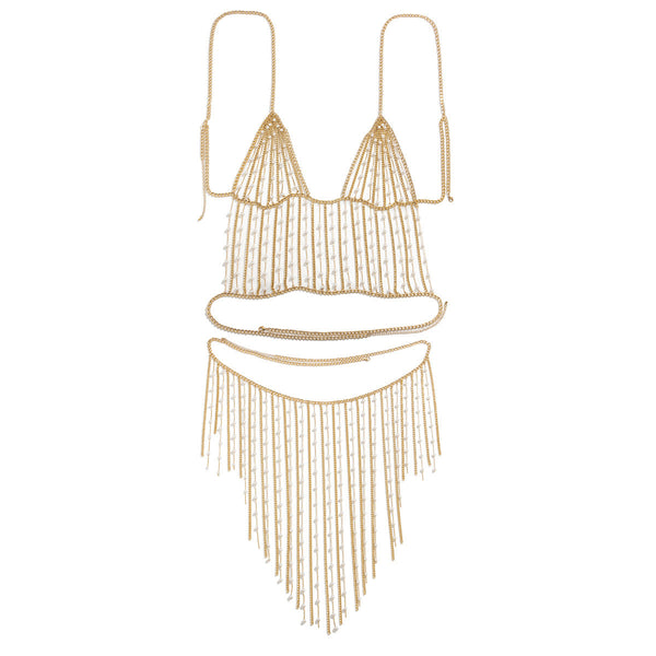 Fashionable electroplated metal aluminum chain geometric set clothing with simple tassel imitation pearl waist chain