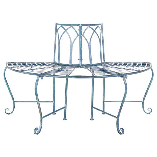 Half-Circle Outdoor Patio Garden Antique Blue Wrought Iron Tree Bench