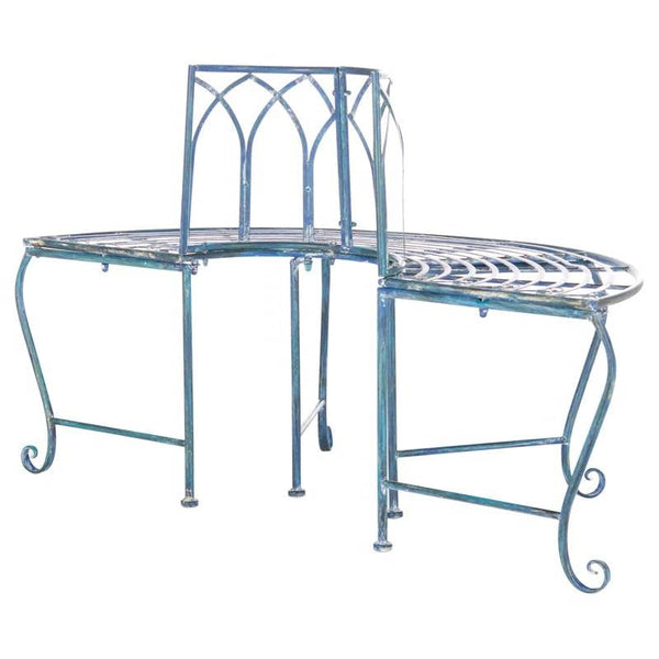 Half-Circle Outdoor Patio Garden Antique Blue Wrought Iron Tree Bench