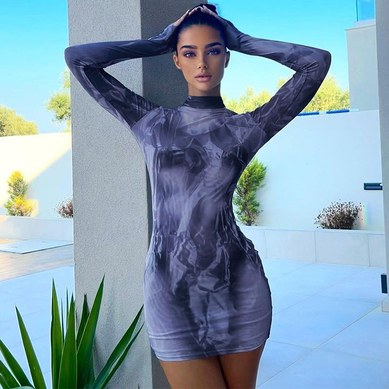 High Neck Long Sleeve Printed Dress