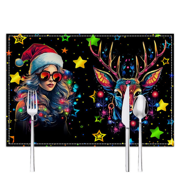 Christmas table mat with white linen starry sky and Santa Claus print