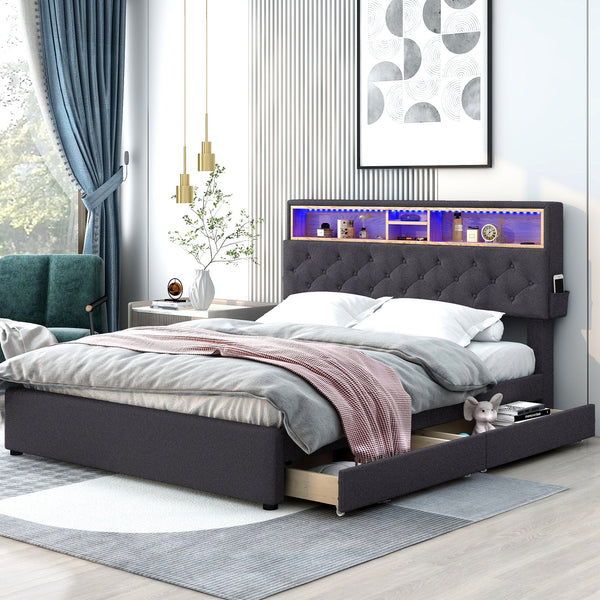 Queen Size Upholstered Platform Bed with Storage Headboard, LED, USB Charging and 2 Drawers Dark Gray