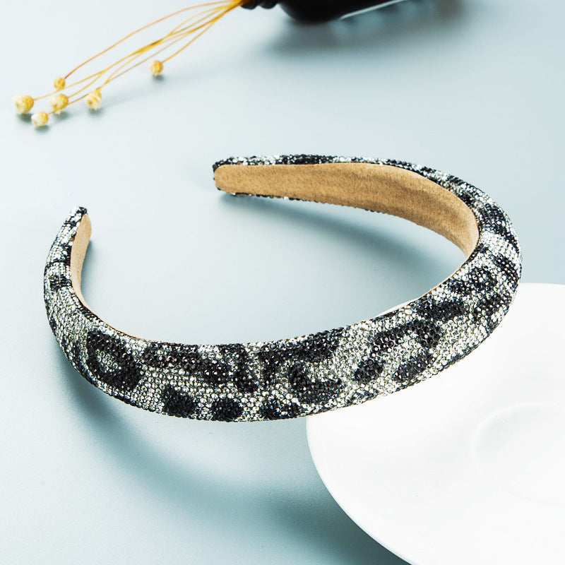 Hair Hoop Retro Baroque Starry Rhinestone Sponge Head Hoop Personality Wide-Brimmed Leopard Print Banquet Headwear Hairpin