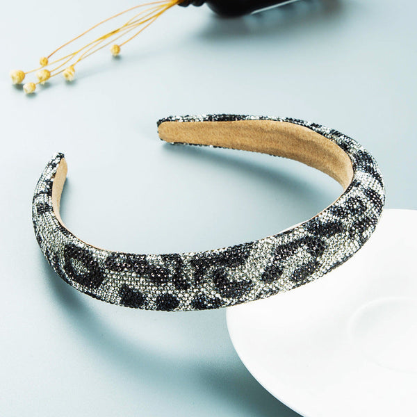 Hair Hoop Retro Baroque Starry Rhinestone Sponge Head Hoop Personality Wide-Brimmed Leopard Print Banquet Headwear Hairpin